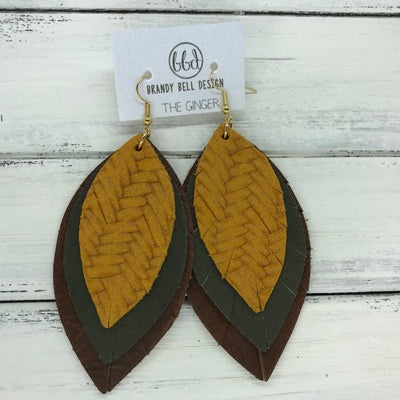 GINGER - Leather Earrings  ||  <BR>  MUSTARD BRAIDED WEAVE, <BR> MATTE OLIVE GREEN, <BR>  DISTRESSED BROWN