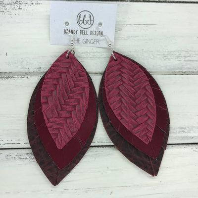 GINGER - Leather Earrings  ||  <BR>  MELOT BRAIDED WEAVE, <BR> METALLIC CRANBERRY, <BR>  DISTRESSED MERLOT