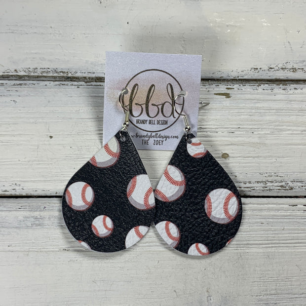 ZOEY (3 sizes available!) -  Leather Earrings  ||  BASEBALLS ON BLACK