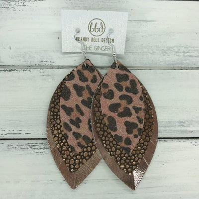 GINGER - Leather Earrings  ||  <BR>  PINK CHEETAH PRINT, <BR> METALLIC ROSE GOLD DRIPS ON BROWN, <BR> METALLIC ROSE GOLD SMOOTH