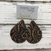 ZOEY (3 sizes available!) - Leather Earrings  ||  BLACK WITH METALLIC ROSE GOLD / COPPER FLORAL