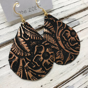 ZOEY (3 sizes available!) - Leather Earrings  ||  BLACK WITH METALLIC ROSE GOLD / COPPER FLORAL