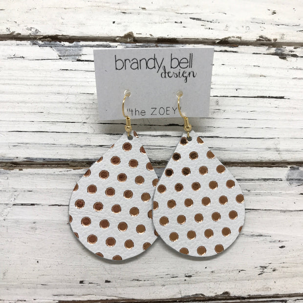ZOEY (3 sizes available!) - Leather Earrings  ||  MATTE WHITE WITH METALLIC ROSE GOLD POLKA DOTS