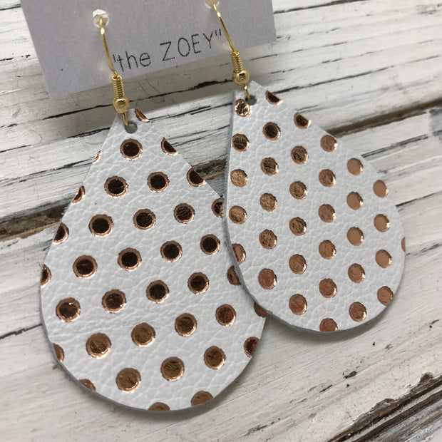 ZOEY (3 sizes available!) - Leather Earrings  ||  MATTE WHITE WITH METALLIC ROSE GOLD POLKA DOTS