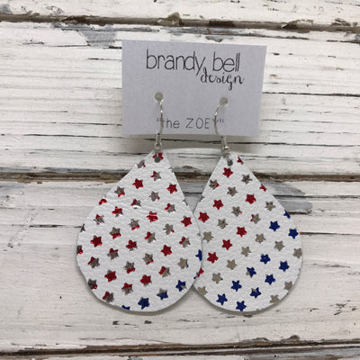 ZOEY (3 sizes available!) -  Leather Earrings  || MATTE WHITE WITH METALLIC RED, SILVER & BLUE STARS