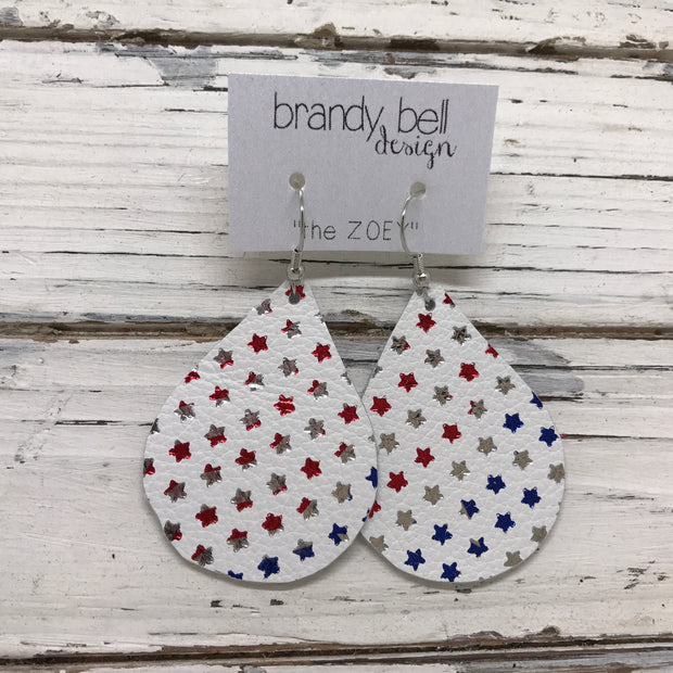 ZOEY (3 sizes available!) -  Leather Earrings  || MATTE WHITE WITH METALLIC RED, SILVER & BLUE STARS