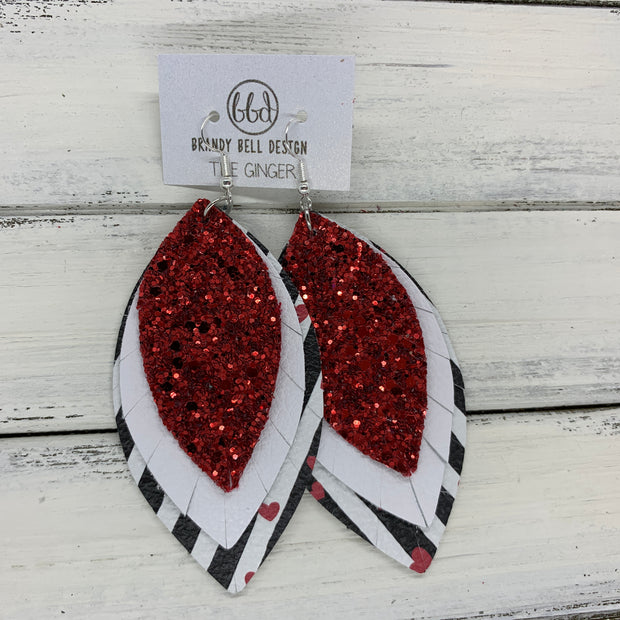 GINGER - Leather Earrings  ||  RED GLITTER (FAUX LEATHER), <BR> MATTE WHITE, <BR> BLACK & WHITE STRIPES WITH HEARTS