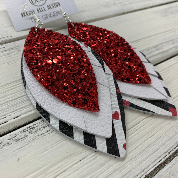 GINGER - Leather Earrings  ||  RED GLITTER (FAUX LEATHER), <BR> MATTE WHITE, <BR> BLACK & WHITE STRIPES WITH HEARTS