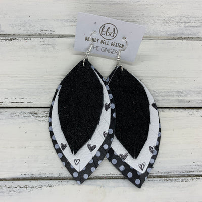 GINGER - Leather Earrings  ||  SHIMMER BLACK, <BR> BLACK & WHITE DRAWN HEARTS, <BR> BLACK & WHITE POLKADOTS