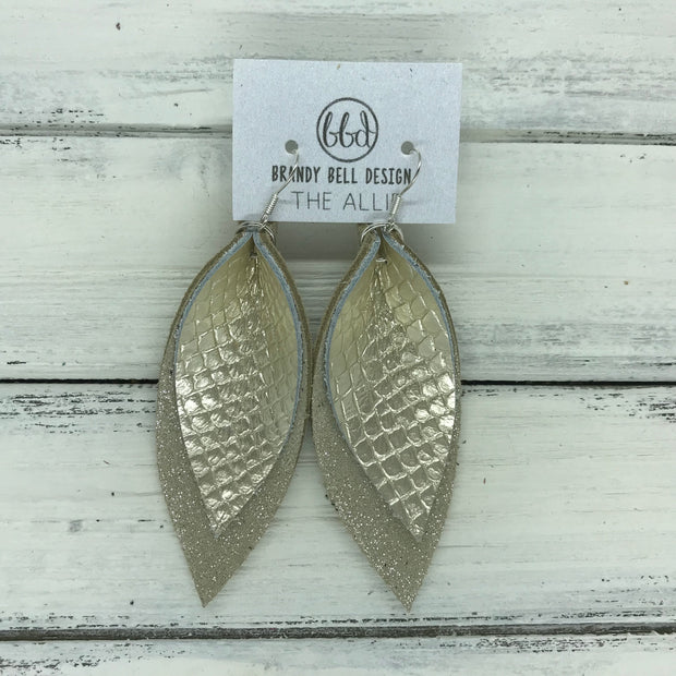 ALLIE -  Leather Earrings  ||  <BR> METALLIC CHAMPAGNE COBRA, <BR> SHIMMER TAUPE