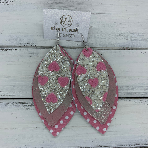 GINGER - Leather Earrings  ||  WHITE & PINK GLITTER HEARTS, <BR> PINK & SILVER DISTRESSED, <BR> PINK & WHITE POLKADOTS
