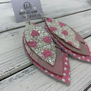 GINGER - Leather Earrings  ||  WHITE & PINK GLITTER HEARTS, <BR> PINK & SILVER DISTRESSED, <BR> PINK & WHITE POLKADOTS