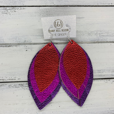 GINGER - Leather Earrings  ||  METALLIC RED PEBBLED, <BR> METALLIC NEON PINK, <BR> METALLIC PURPLE PEBBLED