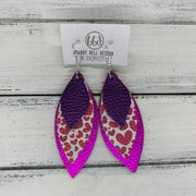 DOROTHY - Leather Earrings  ||  <BR> METALLIC PURPLE PEBBLED, <BR> PINK HEARTS, <BR> METALLIC NEON PINK
