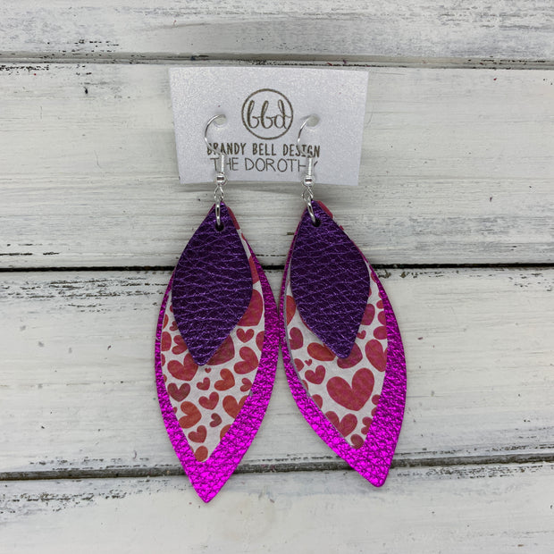 DOROTHY - Leather Earrings  ||  <BR> METALLIC PURPLE PEBBLED, <BR> PINK HEARTS, <BR> METALLIC NEON PINK