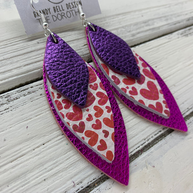 DOROTHY - Leather Earrings  ||  <BR> METALLIC PURPLE PEBBLED, <BR> PINK HEARTS, <BR> METALLIC NEON PINK