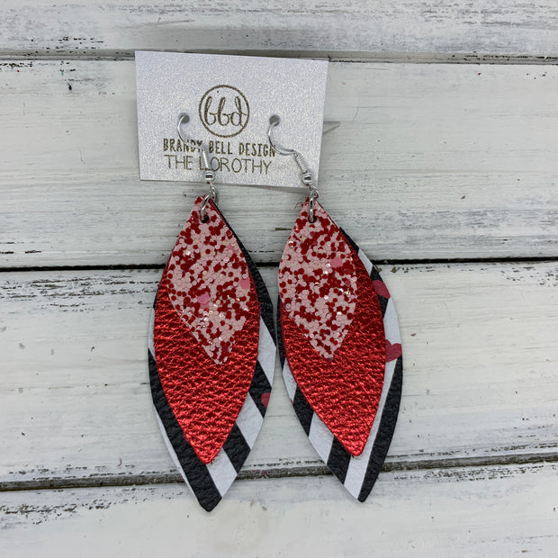 DOROTHY - Leather Earrings  ||  <BR> PINK & RED GLITTER (FAUX LEATHER), <BR> METALLIC RED PEBBLED, <BR> BLACK & WHITE STRIPES WITH HEARTS
