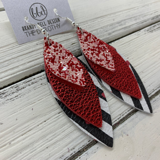 DOROTHY - Leather Earrings  ||  <BR> PINK & RED GLITTER (FAUX LEATHER), <BR> METALLIC RED PEBBLED, <BR> BLACK & WHITE STRIPES WITH HEARTS
