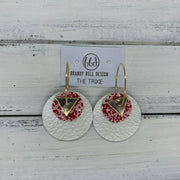 TRIXIE - Leather Earrings  ||    <BR> GOLD TRIANGLE, <BR> PINK & RED GLITTER (FAUX LEATHER),  <BR> PEARL WHITE