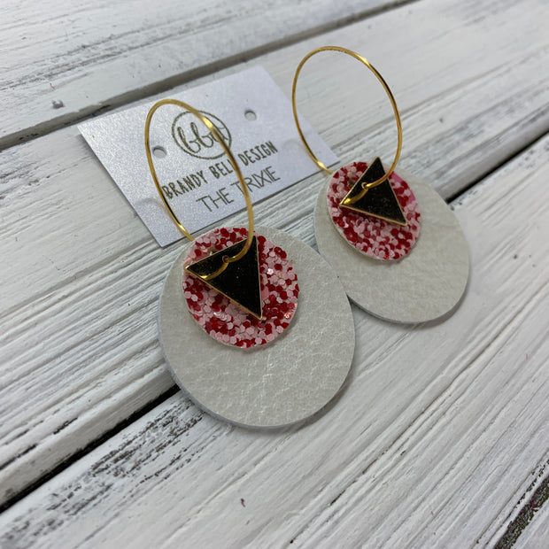 TRIXIE - Leather Earrings  ||    <BR> GOLD TRIANGLE, <BR> PINK & RED GLITTER (FAUX LEATHER),  <BR> PEARL WHITE