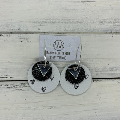 TRIXIE - Leather Earrings  ||    <BR> SILVER TRIANGLE, <BR> BLACK GLOSSY DOTS,  <BR> BLACK DRAWN HEARTS