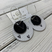 TRIXIE - Leather Earrings  ||    <BR> SILVER TRIANGLE, <BR> BLACK GLOSSY DOTS,  <BR> BLACK DRAWN HEARTS