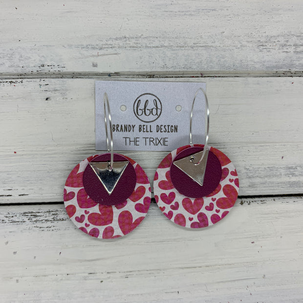 TRIXIE - Leather Earrings  ||    <BR> SILVER TRIANGLE, <BR> MATTE RASPBERRY,  <BR>  PINK HEARTS