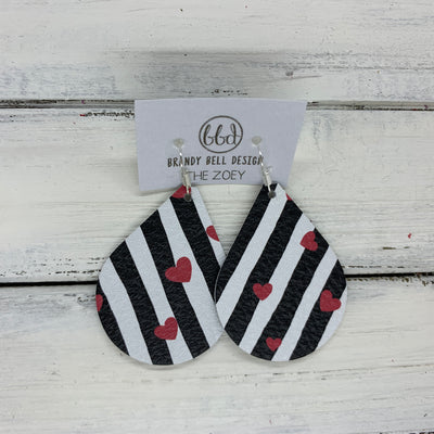ZOEY (3 sizes available!) - Leather Earrings   ||  BLACK & WHITE STRIPES WITH HEARTS