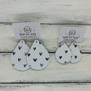 ZOEY (3 sizes available!) - Leather Earrings   ||  BLACK DRAWN HEARTS ON WHITE