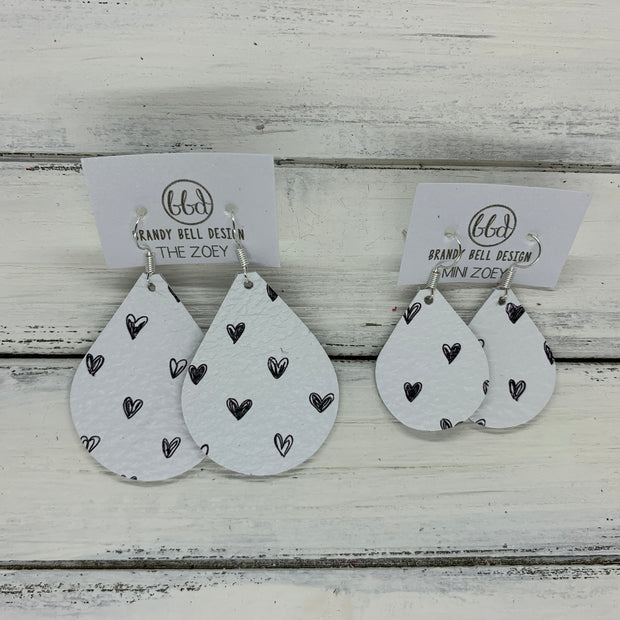 ZOEY (3 sizes available!) - Leather Earrings   ||  BLACK DRAWN HEARTS ON WHITE