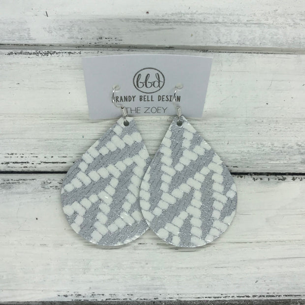 ZOEY (3 sizes available!) -  Leather Earrings  ||   SHIMMER SILVER & WHITE CHEVRON
