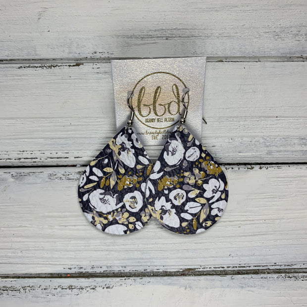 ZOEY (3 sizes available!) -  Leather Earrings  ||   POPPIE FLORAL ON NAVY
