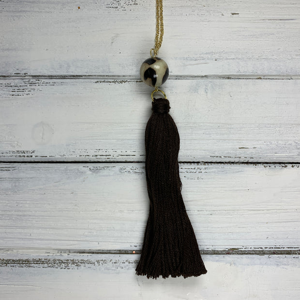 TASSEL NECKLACE - CAROLINA    ||   DARK BROWN TASSEL WITH CHEETAH DECORATIVE BEAD