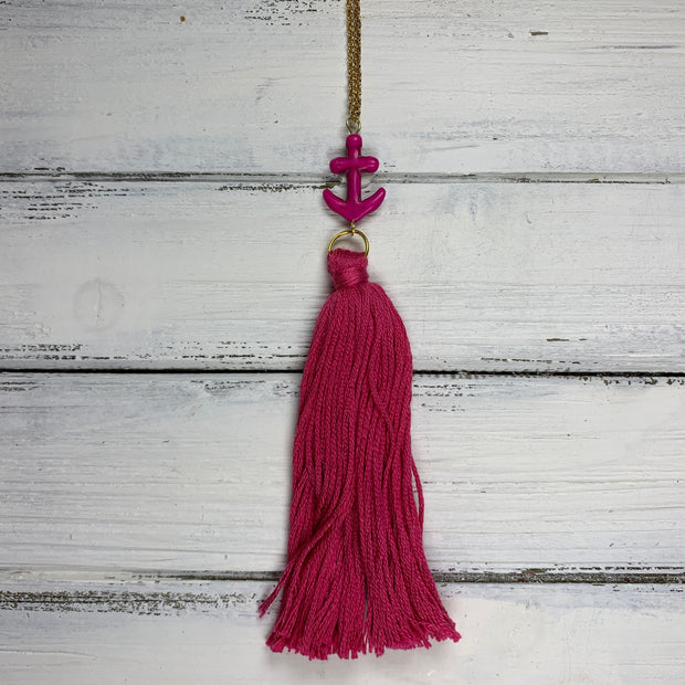 TASSEL NECKLACE - CAROLINA    ||   HOT PINK TASSEL WITH ANCHOR DECORATIVE BEAD