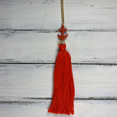 TASSEL NECKLACE - CAROLINA    ||   RED/ORANGE TASSEL WITH ANCHOR DECORATIVE BEAD