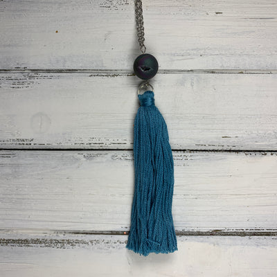 TASSEL NECKLACE - CAROLINA    ||   TEAL TASSEL WITH IRIDESCENT DECORATIVE BEAD