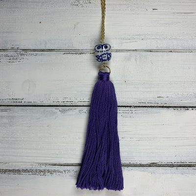 TASSEL NECKLACE - CAROLINA    ||   PURPLE/BLUE TASSEL WITH OWL DECORATIVE BEAD