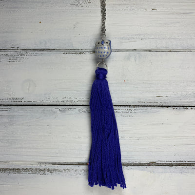 TASSEL NECKLACE - CAROLINA    ||   BRIGHT BLUE/PURPLE WITH OWL DECORATIVE BEAD