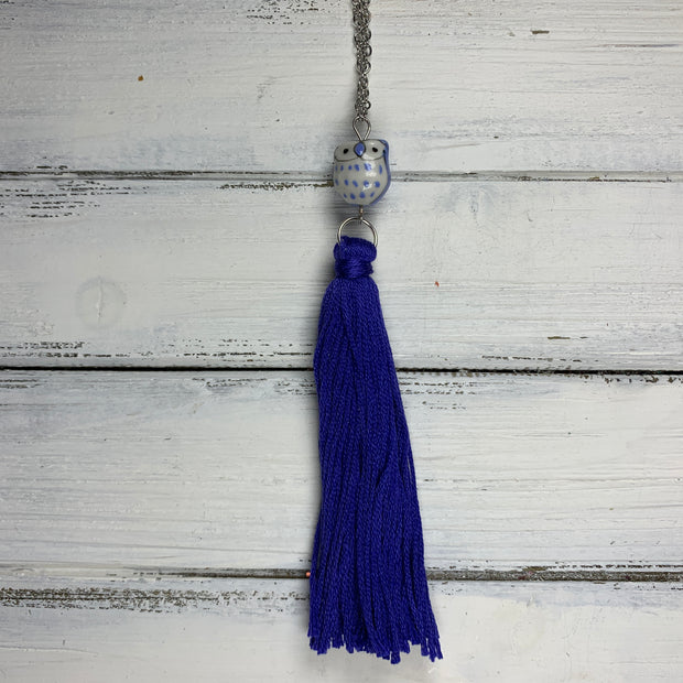 TASSEL NECKLACE - CAROLINA    ||   BRIGHT BLUE/PURPLE WITH OWL DECORATIVE BEAD