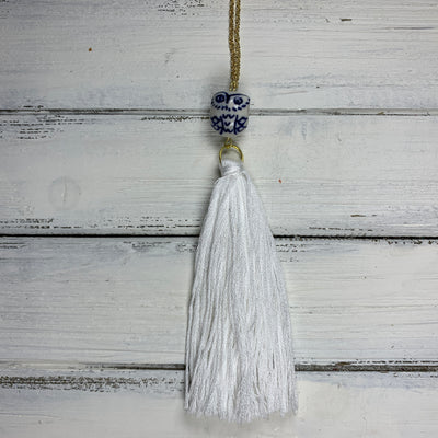 TASSEL NECKLACE - CAROLINA    ||   WHITE TASSEL WITH OWL DECORATIVE BEAD