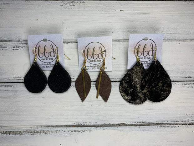 JEAN - Leather Earrings  || <BR> NEW YEARS GLITTER (FAUX LEATHER), <BR> METALLIC BLACK SMOOTH