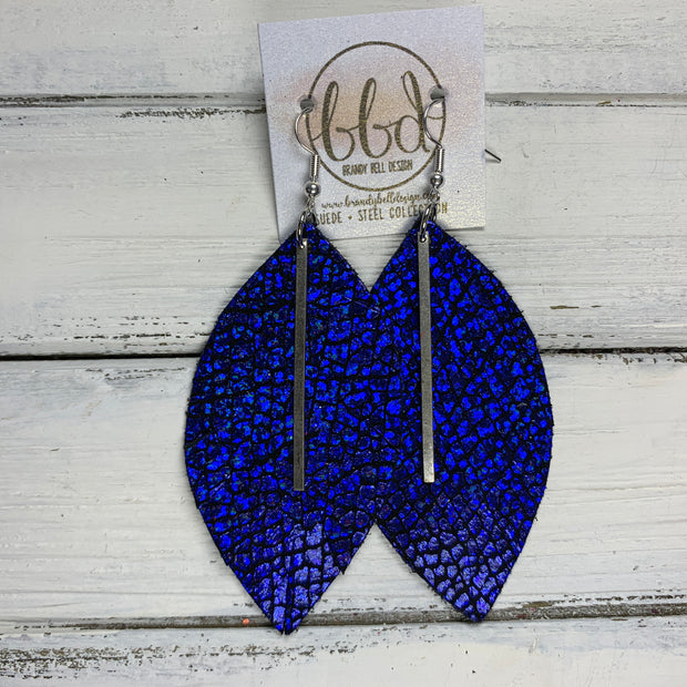 "RAISE THE BAR" <br> *3 SIZES AVAILABLE! <br> SUEDE + STEEL COLLECTION ||  Leather Earrings || <BR> METALLIC COBALT CRACKLE *Choose size & bar finish!*