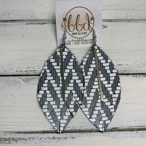 "RAISE THE BAR" <br> *3 SIZES AVAILABLE! <br> SUEDE + STEEL COLLECTION ||  Leather Earrings || <BR> BLACK & WHITE CHEVRON *Choose size & bar finish!*