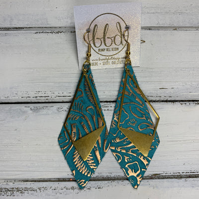 SUEDE + STEEL *Limited Edition* COLLECTION || Leather Earrings ||<BR> GOLD BRASS TRIANGLE, <BR> TEAL & ROSE GOLD FLORAL