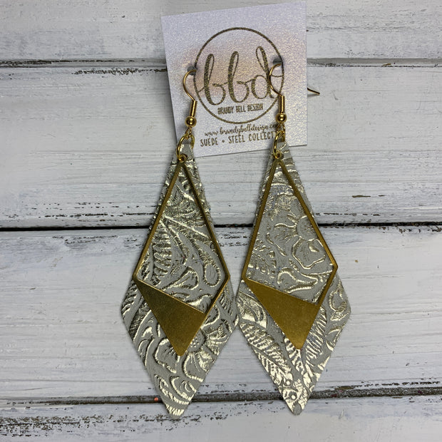 SUEDE + STEEL *Limited Edition* COLLECTION || Leather Earrings ||<BR> GOLD BRASS TRIANGLE, <BR> GOLD & CHAMPAGNE FLORAL