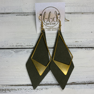 SUEDE + STEEL *Limited Edition* COLLECTION ||Leather Earrings || <BR> GOLD BRASS TRIANGLE, <BR> MATTE OLIVE GREEN