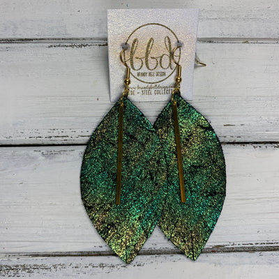 "RAISE THE BAR" <br> *3 SIZES AVAILABLE! <br> SUEDE + STEEL COLLECTION ||  Genuine Leather Earrings || <BR>  IRIDESCENT SHIMMER GOLD/GREEN *Choose size & bar finish!*