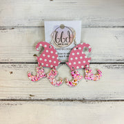 ELVES -  Leather Earrings  ||   <BR> PINK & WHITE POLKADOTS, <BR> TAFFY PINK CHUNKY GLITTER (LEATHER ON CORK)