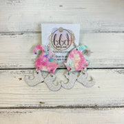 ELVES -  Leather Earrings  ||   <BR> PINK TIEDYE, <BR> WHITE FINE GLITTER (LEATHER ON CORK)