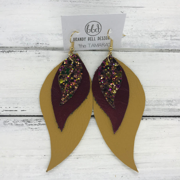 TAMARA - Leather Earrings  ||  <BR> AUTUMN HARVEST GLITTER (not real leather), <BR> METALLIC CRANBERRY, <BR> MATTE MUSTARD YELLOW
